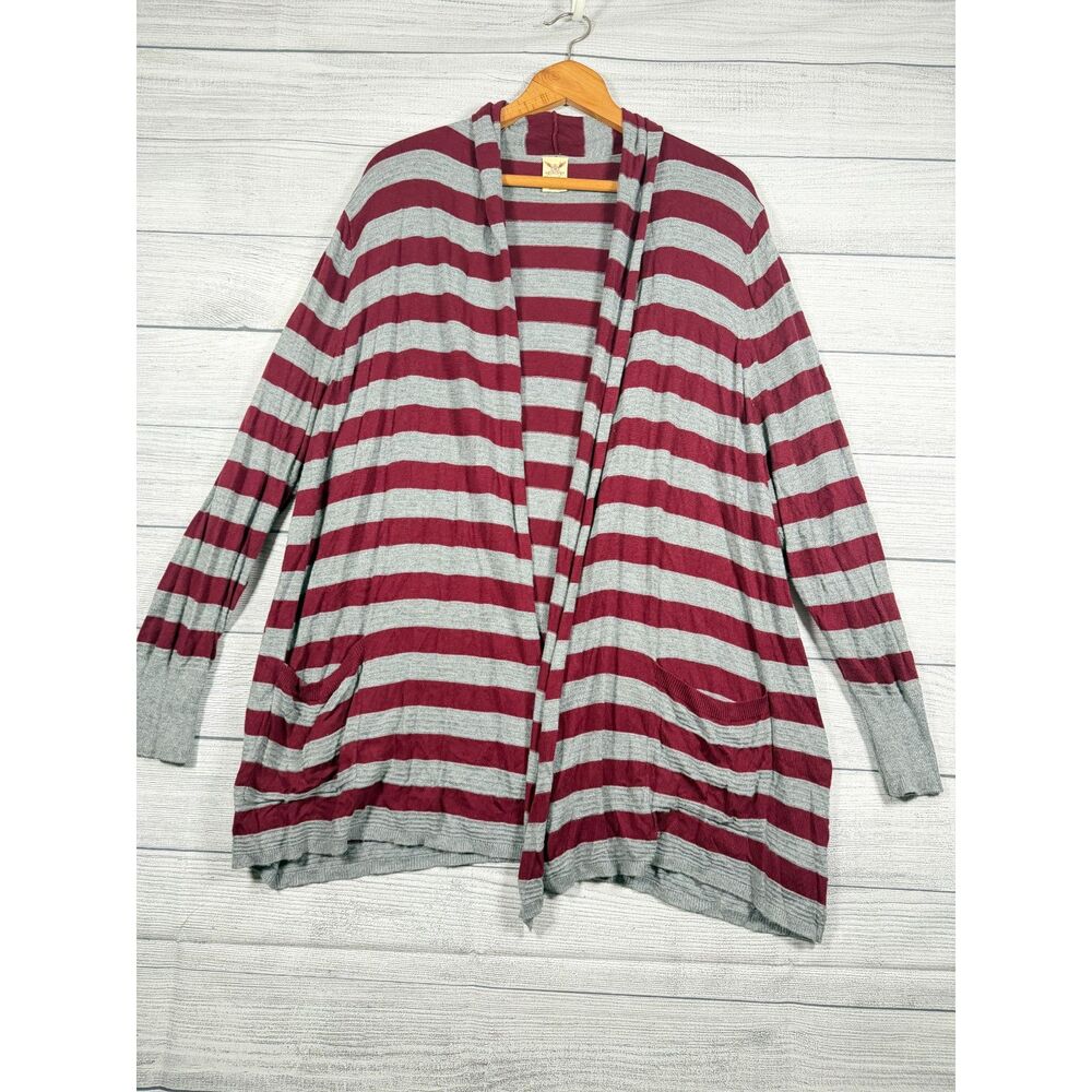 Faded Glory Womens 3X Burgundy Gray Striped Open Front Cardigan 4251